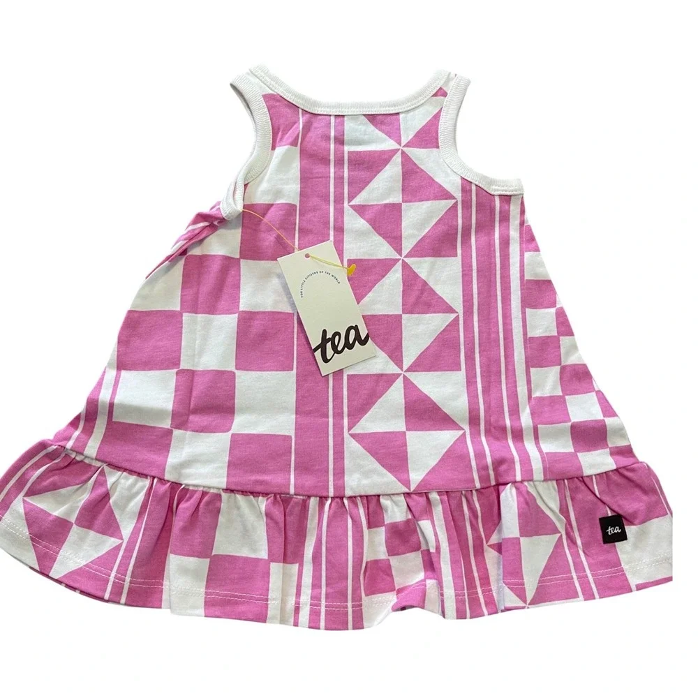 Tea Collection Tank‎ Dress Baby 3-6M Pink Geometric Ruffle Hem Sleeveless Cotton